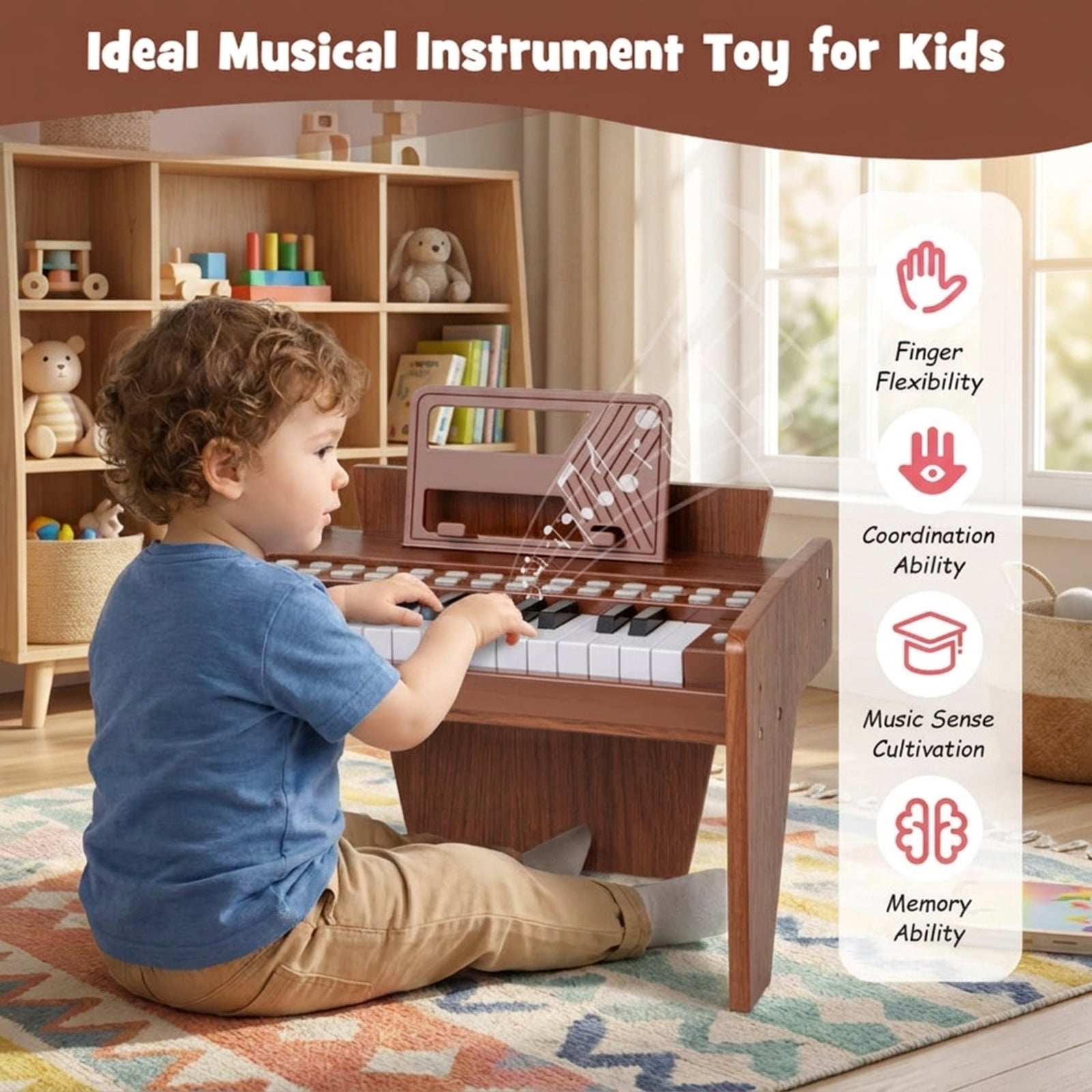 Redsmile 25-Key Kids Piano Keyboard with Adjustable Speed, Volume Control and Hidden Battery Box for Toddlers, Brown