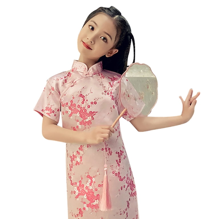 qipao graduation dress Girls' Dresses Chinese Baby New Year Clothing Floral Short Sleeve Cheongsam Kids For Girls Size 5-6T Relaxed