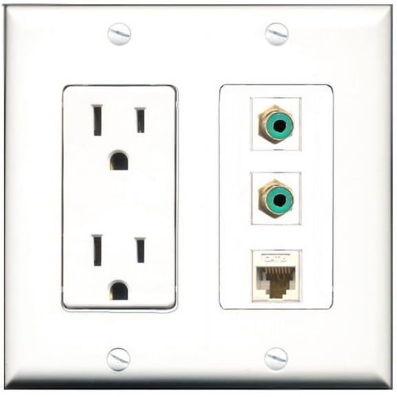 RiteAV - 15 Amp Power Outlet 2 Port RCA Green 1 Port Cat6 Ethernet Ethernet White Decorative Wall Plate