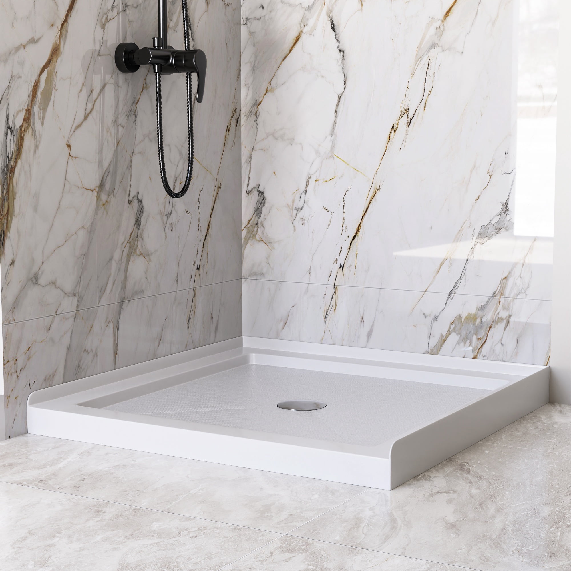 DV-1SB0111 DeerValley 35" L x 35" W Single Threshold Square White Shower Base Center Drain, Non-slip Design