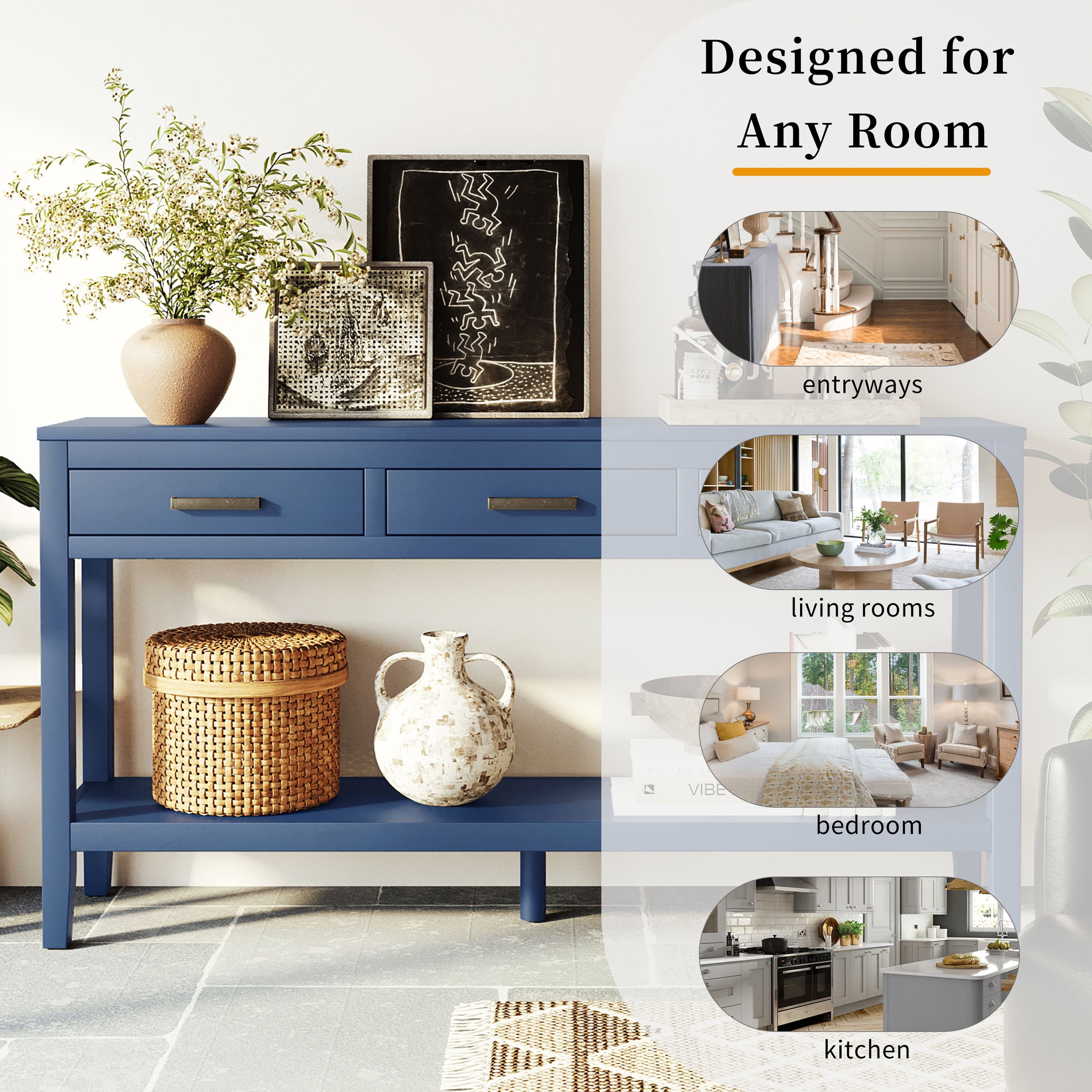 EUROCO 59.1" Longer Console Table, Narrow Wood Sofa Table with 3 Drawers and Open Storage Shelf,2 Tier Behind Couch Table Entryway Table for Living Room,Entryway,Hallway,Navy Blue