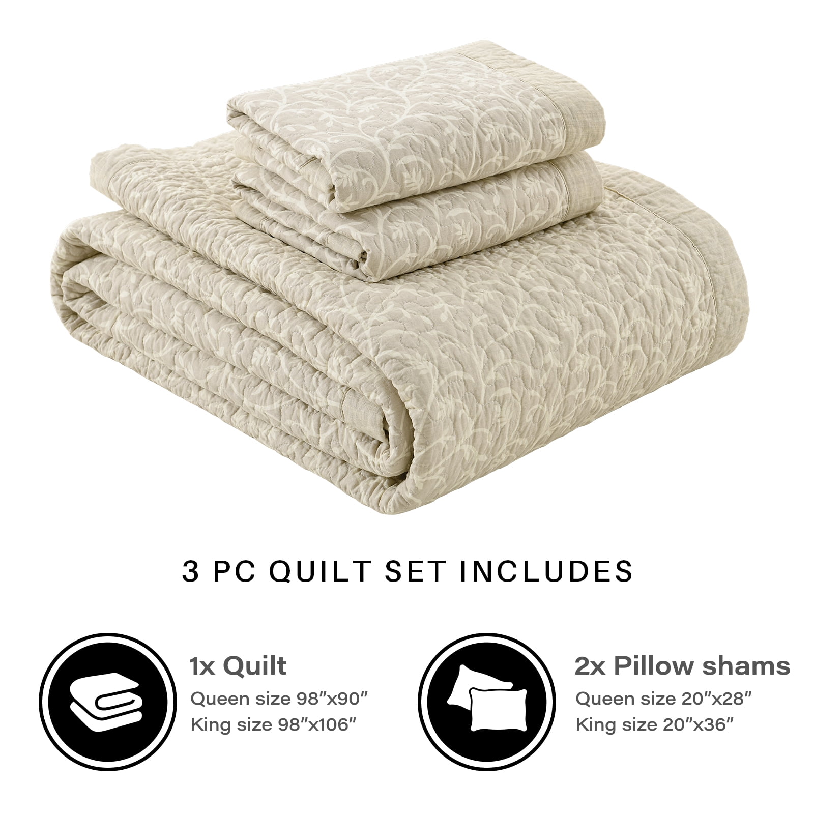 CozyDH 3-Piece Farmhouse King Size Quilt Set - 100% Cotton Classic Bedspread with 2 Shams, Oatmeal Vine Pattern