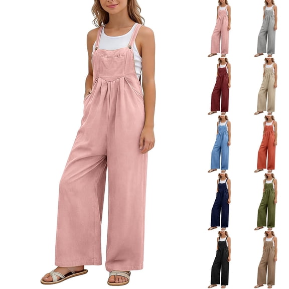 CCRFTGI Pink Rompers for Girls Spaghetti Strap Sleeveless Girls Jumpsuits Size 5-6 Trendy Overall Fall Clothes with Side Pockets Pink 9-10 Years