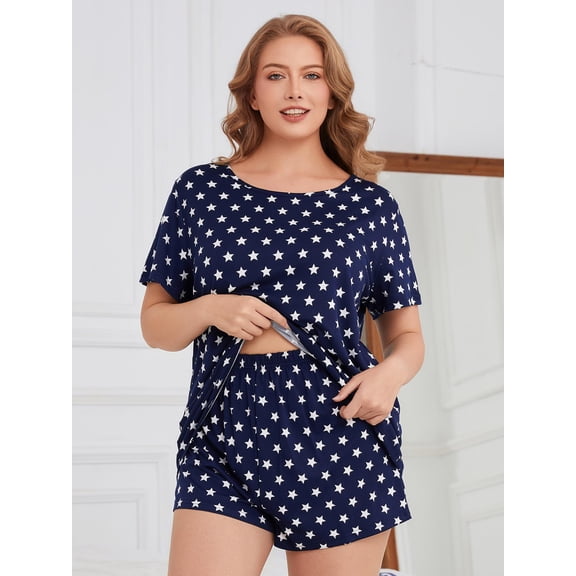ebukurty Sleepwear for Women Plus Size Pajama Set 2 Piece Short Sleeve Top and Shorts Soft Loungewear