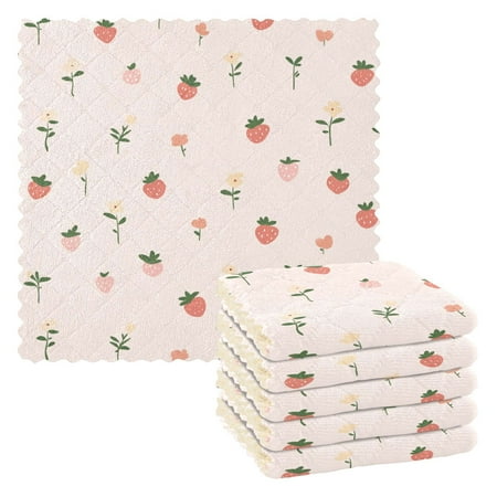 

6 Pieces Thickened Double Polyester Fleece Kitchen Towel - 28x28cm Strongly Absorb Water & Oil Stain Removal，Strawberry Pattern