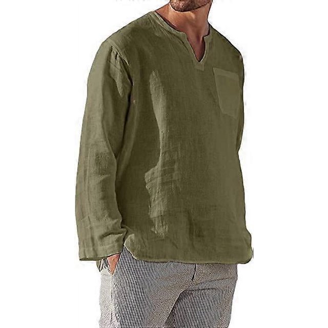 Chemise en Lin Décontractée à Manches Longues Col en V pour Hommes