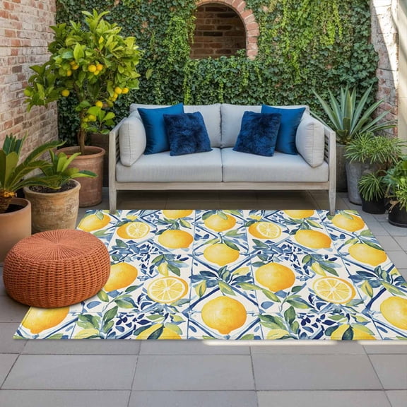 Outdoor Rug 3x5ft Lemon Fruit Large Area Rug Leaves Vintage Blue Indoor Outdoor Carpet Outdoor Rugs Mats for Patio Camping,RV,Front Door, Outside Decor
