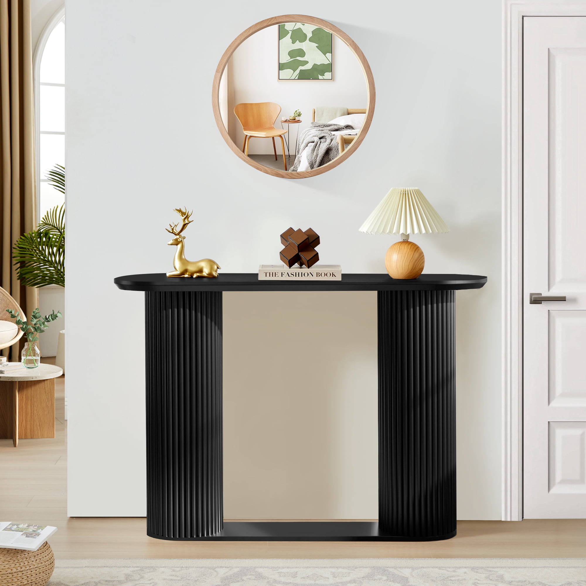 PHOYAL 42.51" Long Black Console Table with Vertical Stripe, Oval Fluted Sofa Table with Curved Edge Design for Entryway Hallway Living Room