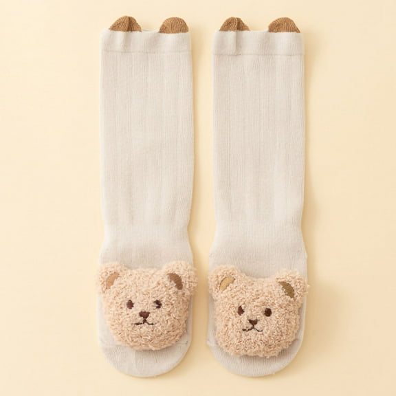 workcargo Kids Teddy Bear Socks 100% Cotton - White Knee High Socks for Kidss 2-8Y, Soft Breathable Cute 3D Teddy Head Socks (1 Pair, S/M),Size M