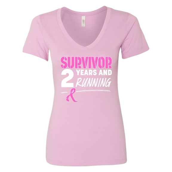 Inktastic Breast Cancer Survivor 2 Years and Running with Pink Ribbon Women's V-Neck T-Shirt