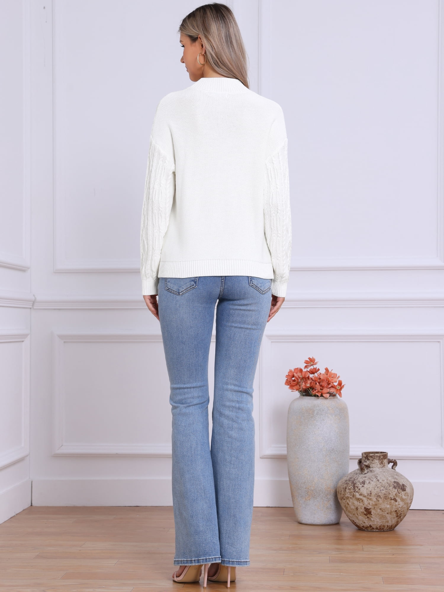 DARING DIVA Women's Cable Vintage Woven Crewneck Pullover Knitted Tops M White
