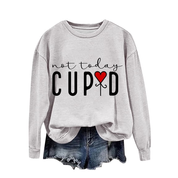 Penkiiy Women's Round Neck Valentine's Day Love Gnome Printed Loose Fitting Sweater Long Sleeve Hoodless Sweatshirts S Gray