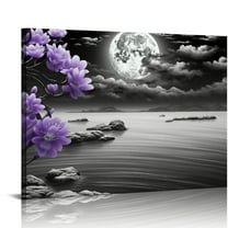 COMIO Large Purple Wall Art Decor for Living Room Bedroom Black and White Seascape Full Moon Purple Flower Painting Canvas Picture Modern -Painted Plum Blossom Artwork for Home Office