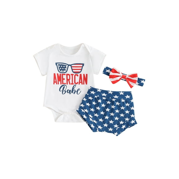 Jxzom 4th of July Baby Girl Outfit Newborn 3 6 9 12 18 Months Short Sleeve Sunglasses Print Romper Stars Shorts Headband Set