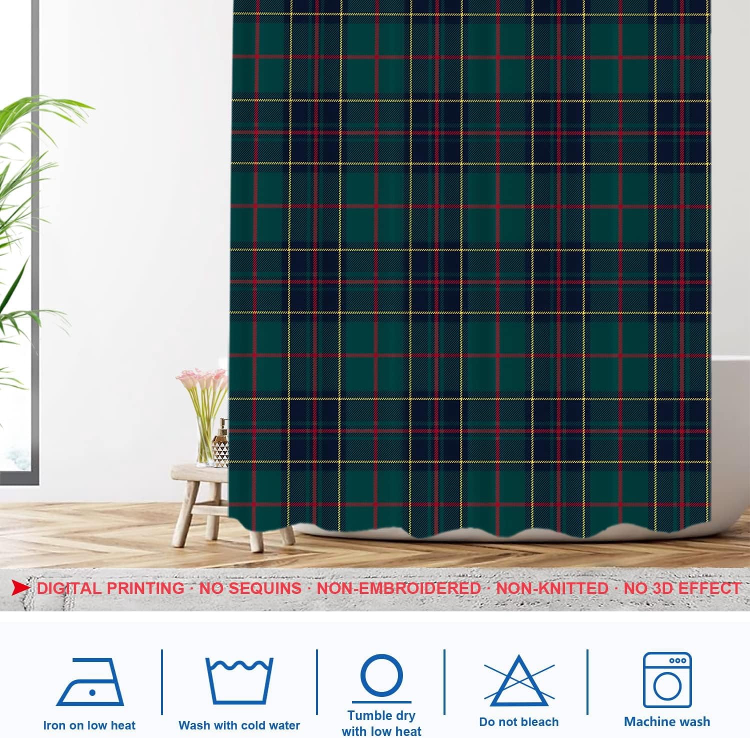 Tartan Plaid Decorative Shower Curtain, Green Scottish Fabric Kilt Twill Woven Bathroom Décor Polyester Fiber Waterproof with Plastic Hooks for Shower Stall Bathtubs 72"W x 72"L (Pack of 1)