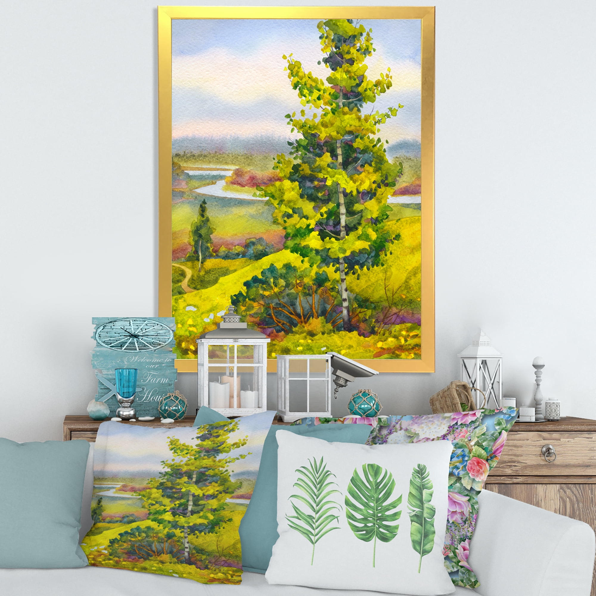 Designart 'Colorful Young Orange Betulas Along Bank Of Calm Bay' Lake House Framed Art Print
