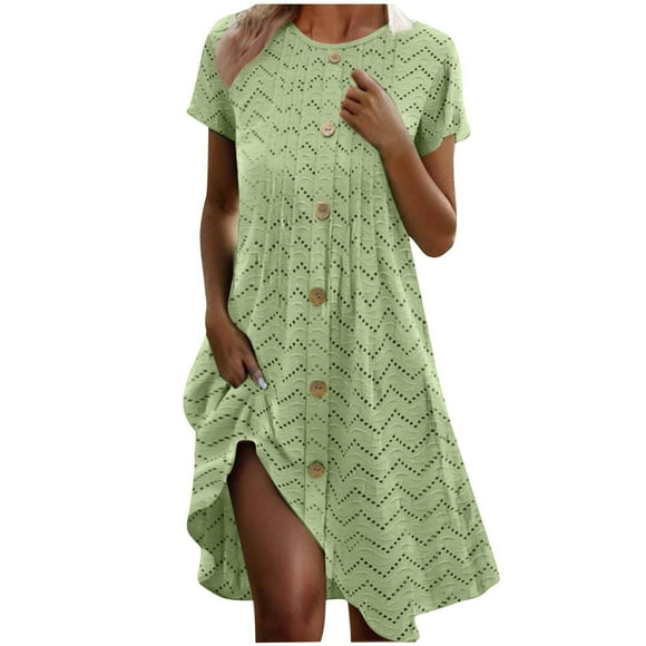 Staron Womens Summer Dresses Clearance Under $10 Eyelet Smocked Loose Short Dress Party Beach Short Sleeve O Neck Buttons Sundress Green XL