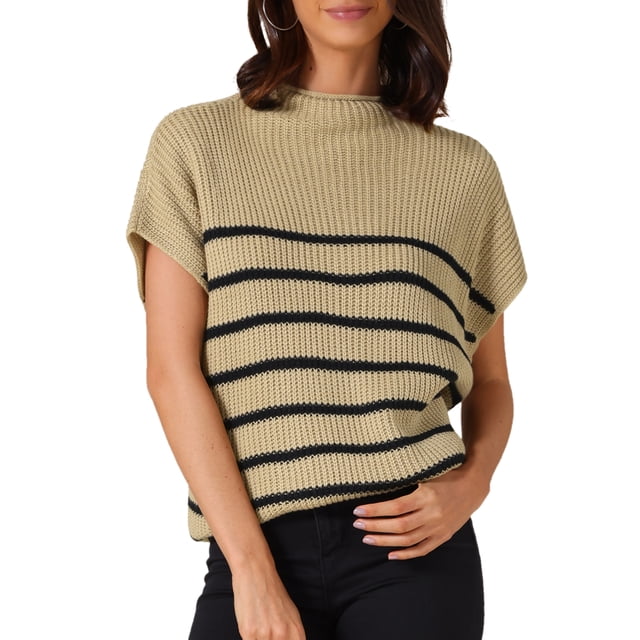 Chaleco de suéter de cuello alto sin mangas a rayas INSPIRE CHIC para mujer, blusa de punto casual sin mangas, talla 2XL, color caqui