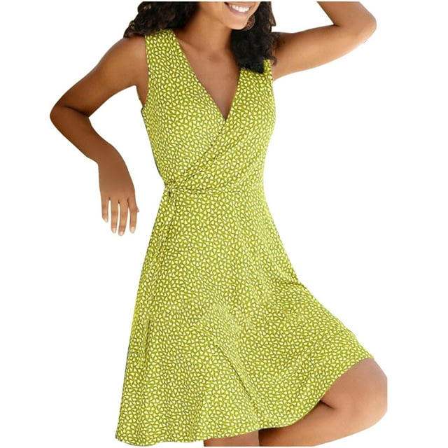 TSADFHJI Jupes pour Filles 10-12 Ans Robe Portefeuille Fleurie pour Femme à Col en V Midi Robe Trapèze Évasée à Manches Courtes à Revers Robe Midi Multicolore à Encolure Dégagée Robes Mini m Jaune