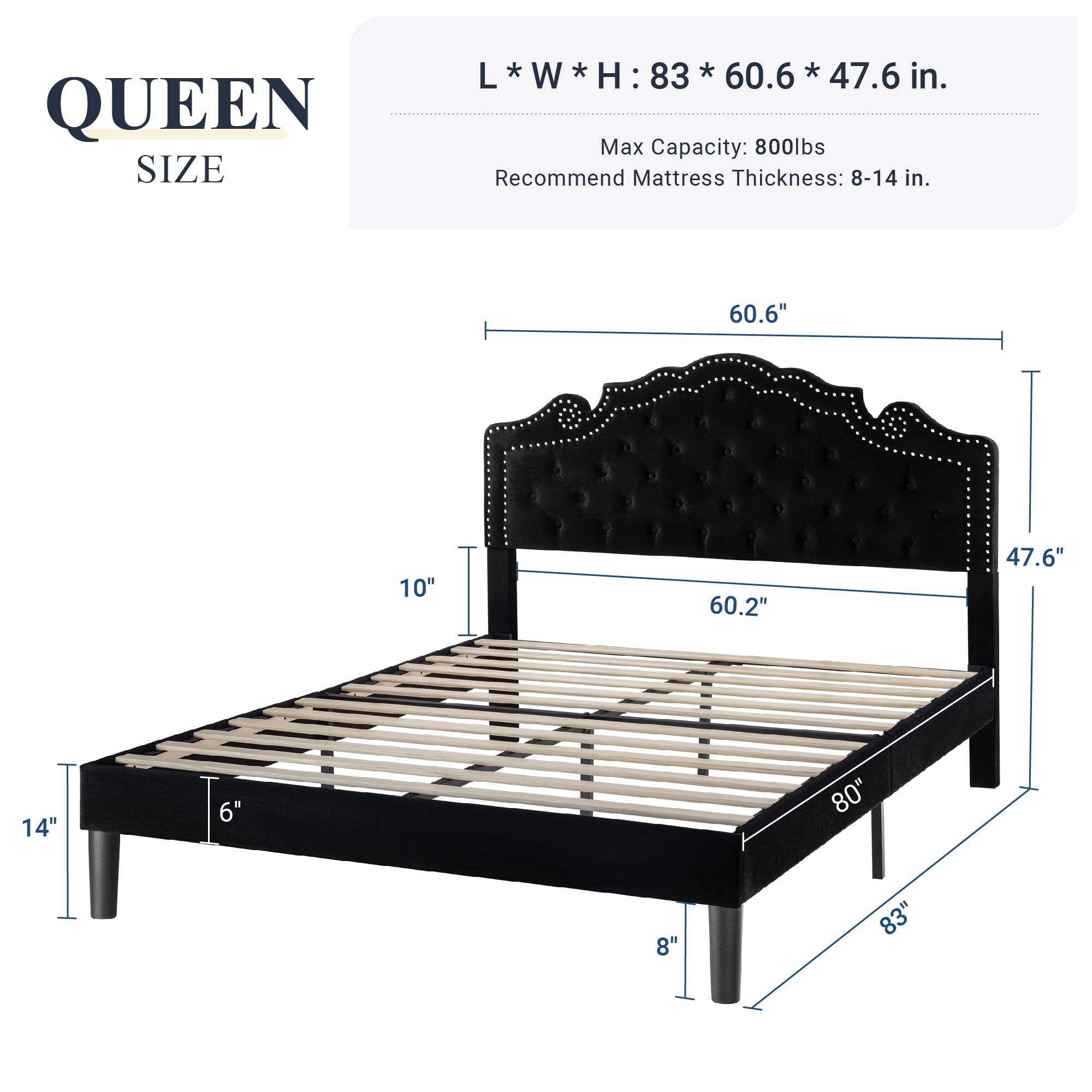 Allewie Queen Size Platform Bed Frame with Velvet Tiara Upholstered Diamond Button Tufted Headboard, Black