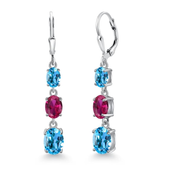Gem Stone King 925 Sterling Silver Swiss Blue Topaz 3 Stone Dangle Earrings for Women (5.80 Cttw, Gemstone November Birthstone, Oval 8X6MM, 7X5MM and 6X4MM)
