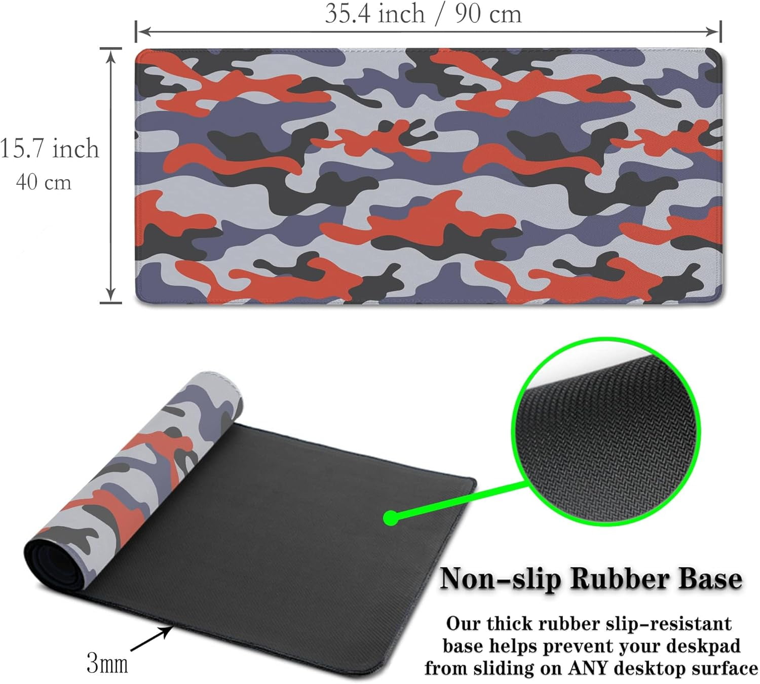 Keyboard Mouse Pad Blue Home Office Desk Pad Large Mousepads Computer Mat Keyboard Desk Mat Waterproof Non-Slip Rubber Base 35.4" X 15.7" for Game Office, Camouflage with Red Spots