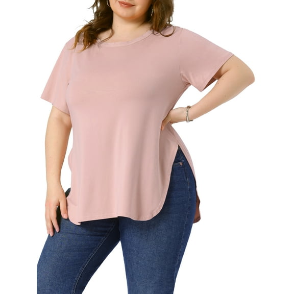 GRACE & GRANDEUR Agnes Orinda Women's Plus Size Easter Top Summer Short Sleeve Round Neck Side Split Hem T-Shirts 4X Pink