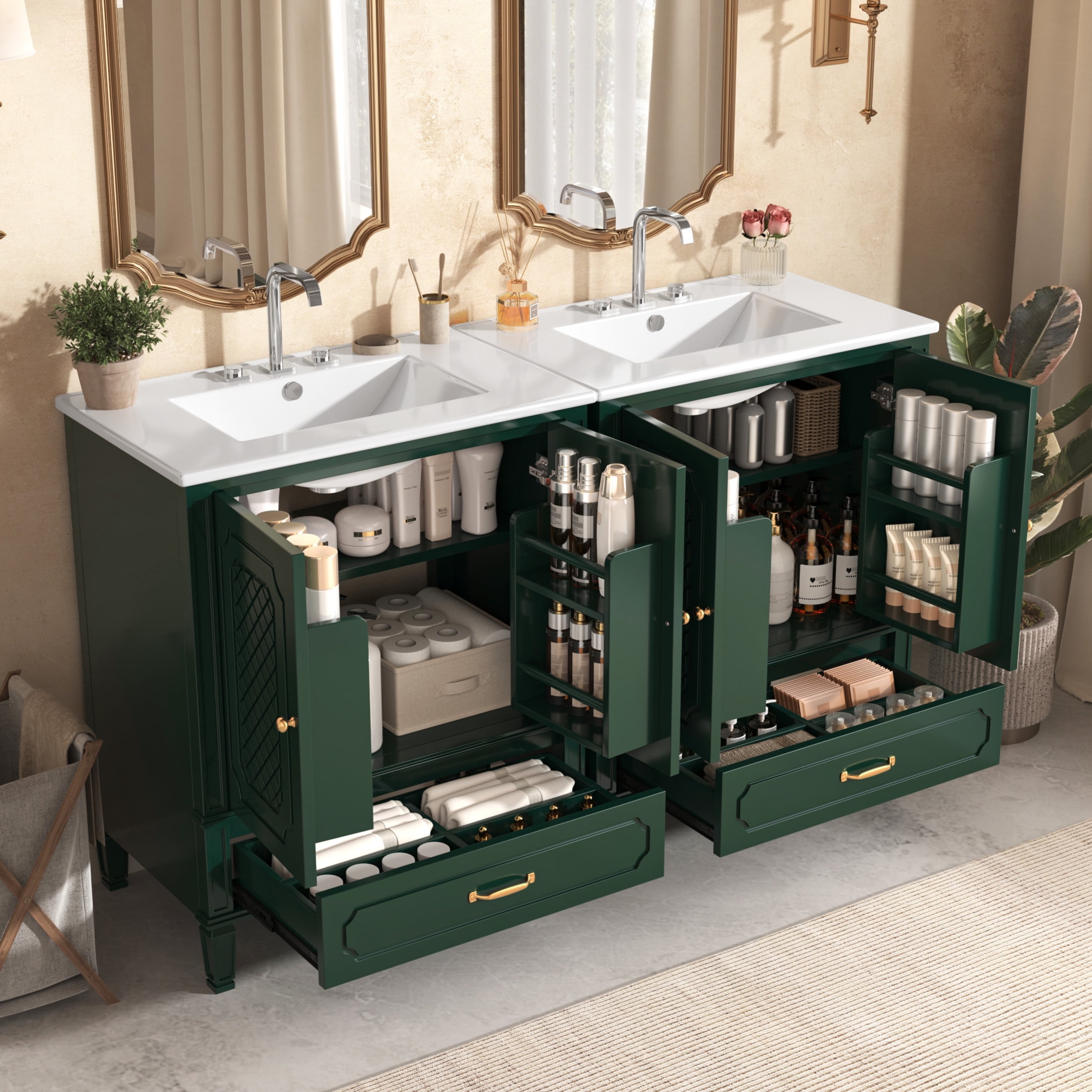Christopher Knight Home Retro 30" Bathroom Vanity with Ceramic Sinks, Soft-Close Doors, Dark Green