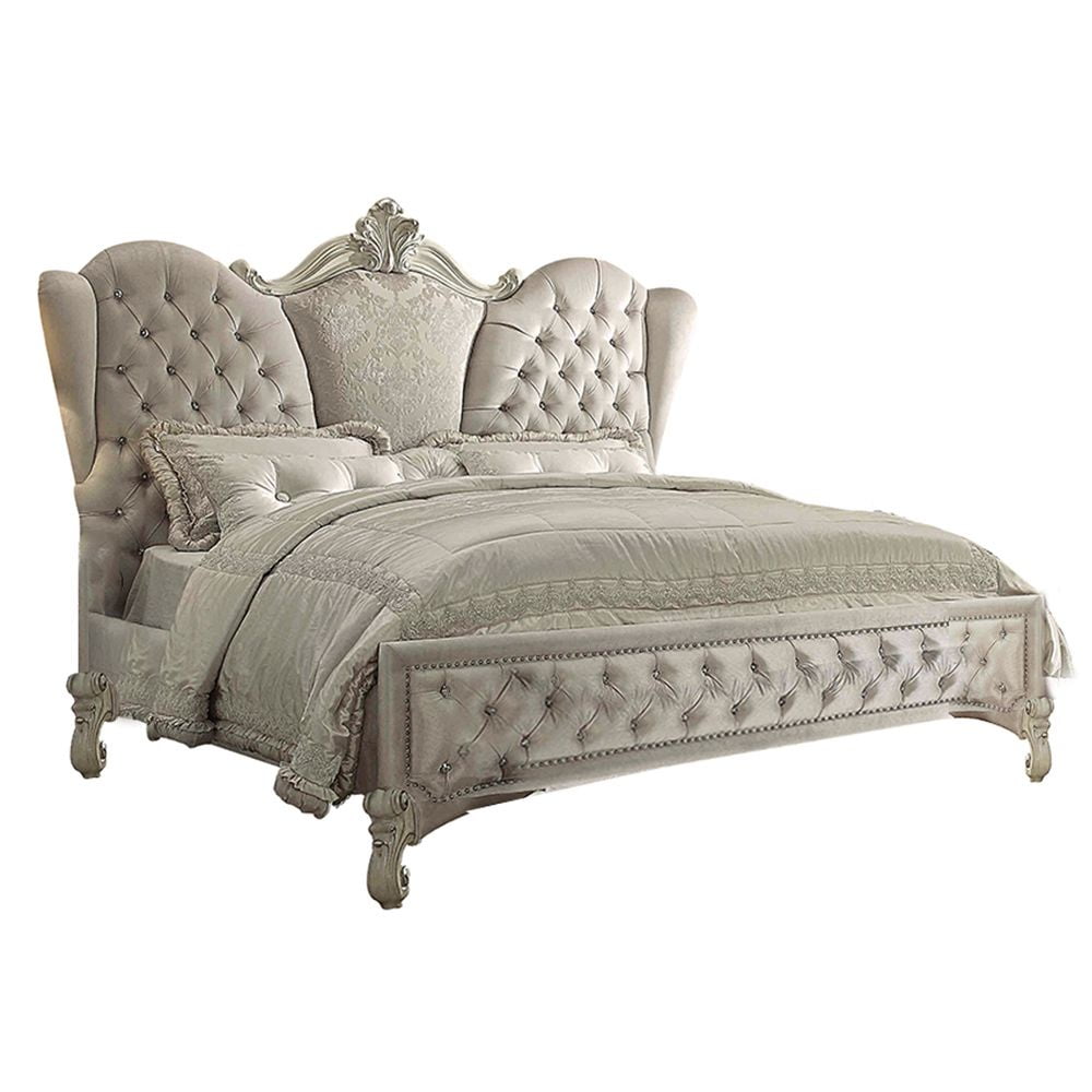 ACME Versailles Vintage-Style Queen Bed, Bone White/Ivory Velvet