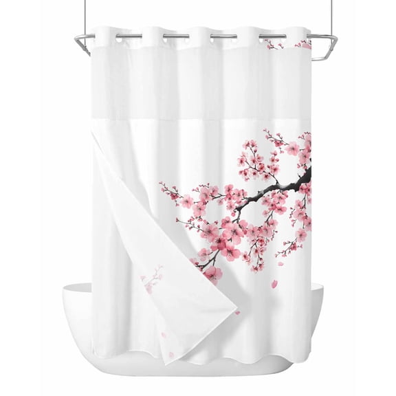 No Hook Cloth Fabric Shower Curtain with Snap in Liner, Pink Flower Waterproof Shower Curtains Set with See Through Top Window, Spring Summer Botanical Floral Branches Bath Curtains Shower 72"x84"
