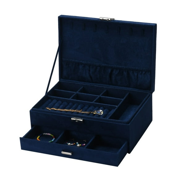Velvet & Wood Jewelry Boxes Portable Jewelry Storage Case with Alloy Lock for Ring Earrings Necklace Rectangle Prussian Blue 27.3x19.5x10.3cm