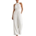 thumbnail image 3 of AJGRHE Women's Elegant Halter Jumpsuit Summer Cut Out Wide Leg Dressy Casual Romper Sleeveless Neck Jumpsuit Loose Wide Leg Elegant Waist Cinching Piece White L, 3 of 8