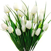 Topboutique Artificial Tulips Fake Flowers Fake Spring Flowers Silk Flowers Plastic Floral Arrangement for Home Garden Indoor Kitchen Office Wedding Valentines Easter Decor(White),6 Pcs,5 Heads/Pcs