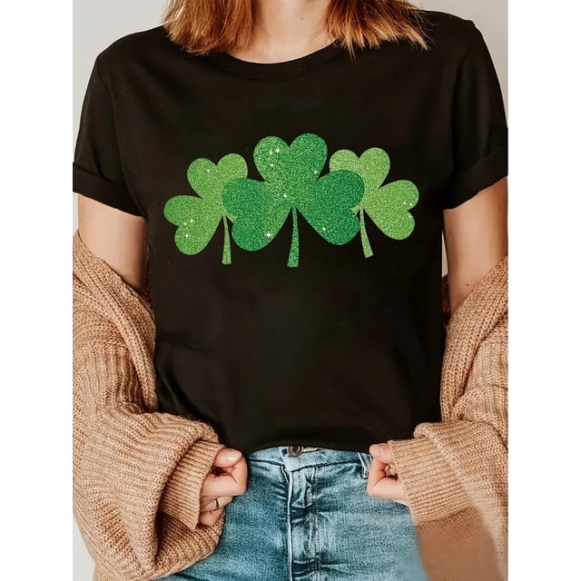 T-Shirt Graphique Trèfle de la Saint-Patrick, Tissu Tricoté en Polyester pour Femmes, Tee-Shirt à Manches Courtes et Col Rond Décontracté, Longueur Régulière, avec Haut Toutes Saisons pour la Fête des Pères, la Fête des Mères, le Nouvel An, le Festival du Printemps