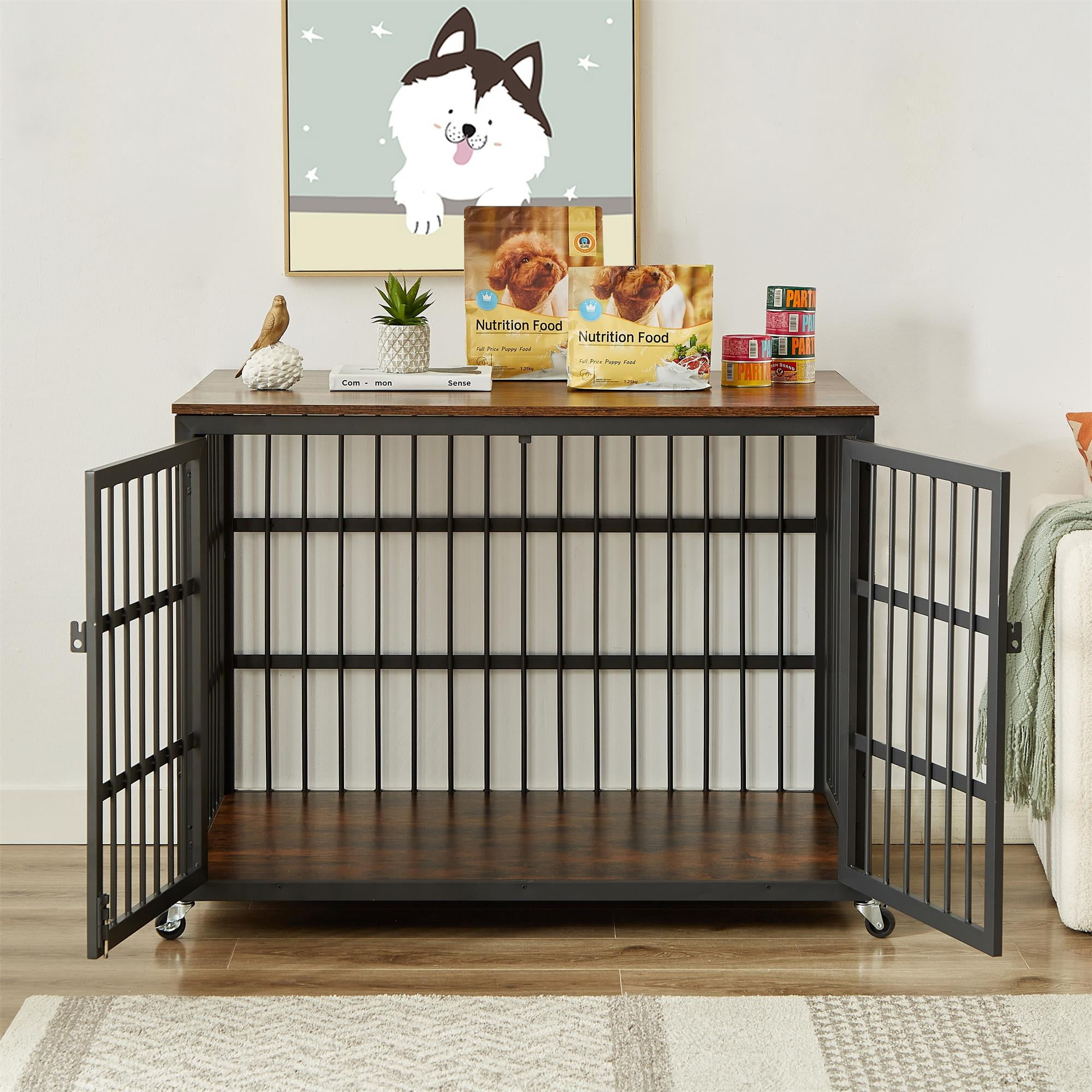 Pefilos 43" Heavy Duty Dog Crate for Small Dogs, Furniture Style Dog House with Wheels, Indoor Dog Cage Wrought Iron Frame Door with Side Openings, Brown Pefilos 43" Heavy Duty Dog Crate for Small Dogs, Furniture Style Dog House with Wheels, Indoor Dog Cage Wrought Iron Frame Door with Side Openings, Brown