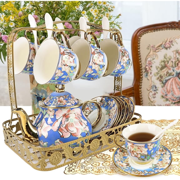 20 Pcs Porcelain Tea Set with Metal Holder,European Flower Adult Ceramic Tea Party Set for Women,1000ML Teapot, Beautiful Coffee Tea Cup Set for Home&Party(Blue)