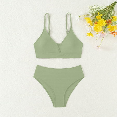 ylioge Swimsuits for Girls Two Piece Bikini Tops and Thongs Bathing Suits Teen Solid Color Beach Swimwear 8Years-15Years Kids on Clearance