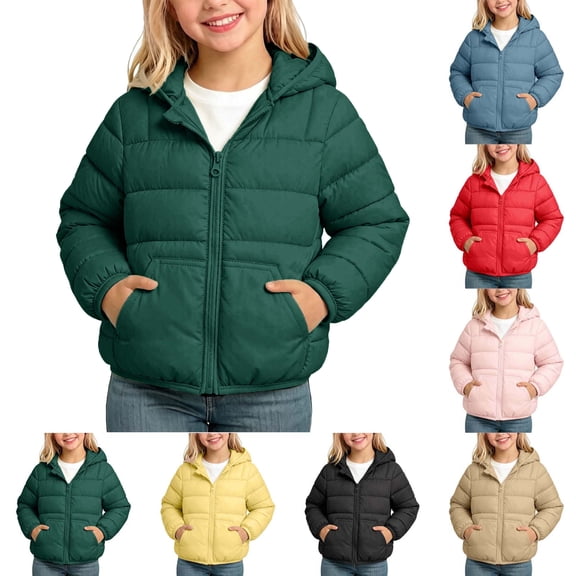 Casual Fall Clothes With Pockets Children's Winter Solid Color Long Sleeves Hooded Zipper Quilted Coat Keep Warm Coat Kids Green 3-4 Years