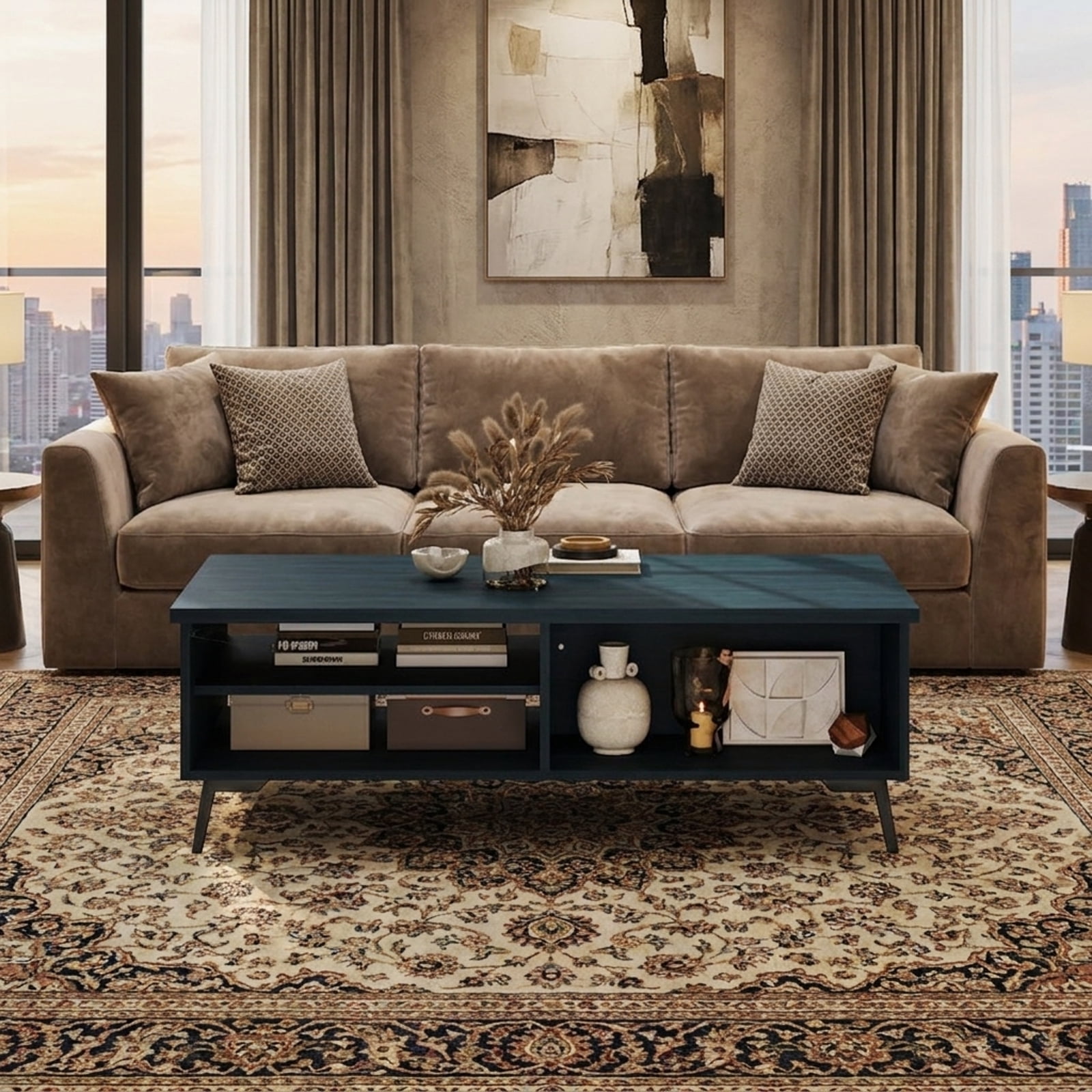 Furnibear 2-Tier Mid Century Modern Coffee Table with Storage Shelves Compartments - Blue - Living Room Cocktail Center Table