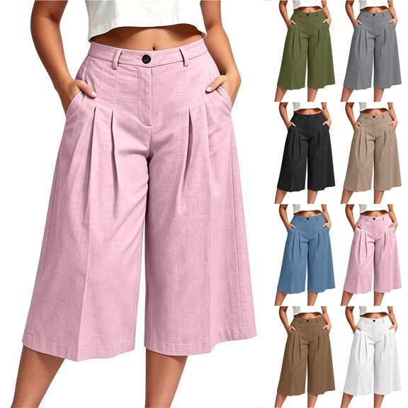 Bloomae Cotton Linen Capri Pants for Women Loose Fit Wide Leg Cropped Pants High Waisted Pleated Trousers Lightweight Casual Flowy Capris with Pockets