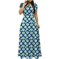 thumbnail image 2 of Viikei Maxi Summer Dress Floral Print,Ladies Fashion Women Short Sleeve Round-Neck Dress Printed Long Dresses Pocket Blue M, 2 of 5