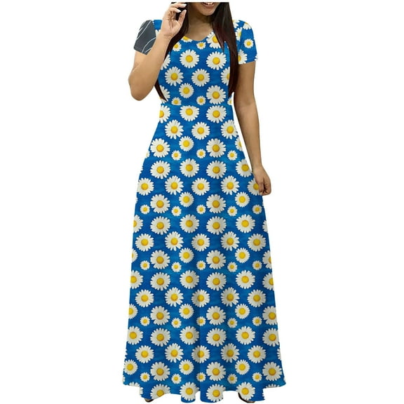 Arnsht Women Summer Long Pocket Round Neck Short Sleeve Printed Dress Casual Fashion Belted Party Maxi Long Dress Blue L