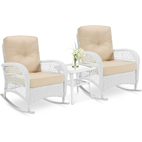 VIVIJASON 3-Piece Outdoor Conversation Bistro Set, Patio Wicker Rocking Chairs Rattan Furniture Sets w/ 2 Rattan Chairs, Cushions, Glass Top Side Table for Garden Porch Backyard (White Wicker/Beige)