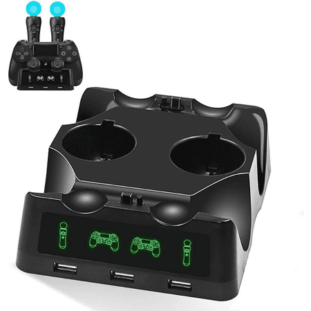 4 in 1 Desk Charger Dock Quad Charging Station for PS Move Motion and PS4 Controller Playstation 4 PS4 Slim PS4 Pro (Dual Charger Dock for DualShock Controller + Dual Charger Port for PS Move