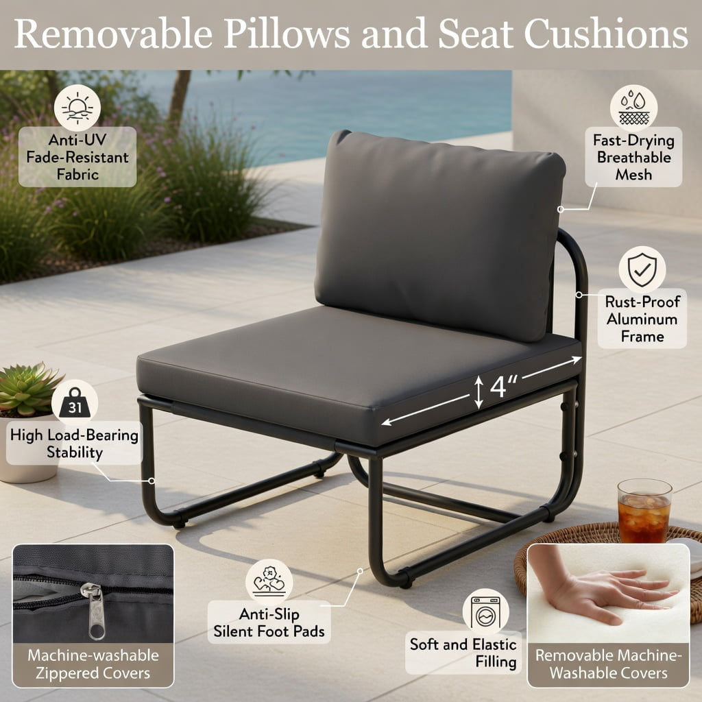 Hommoo 2-Piece Outdoor Patio Chair Set, Metal Chairs with Removable Cushions, Adjustable Feet, and Machine-Washable Covers for Backyard, Deck or Balcony, Gray
