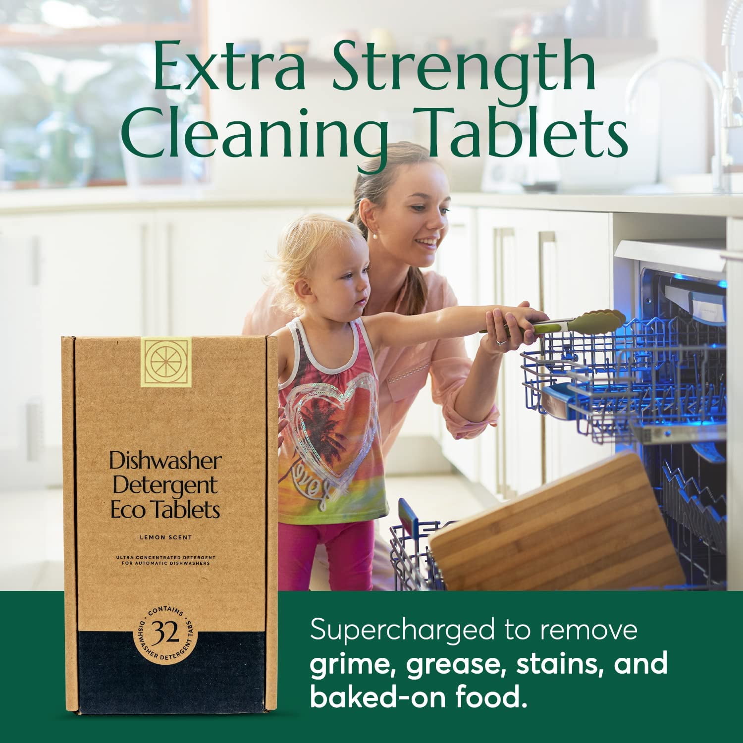 Dishwasher Pods (32 Eco Tabs) Soap Detergent, No Harsh Ingredients, Individually Wrapped - Lemon Fresh