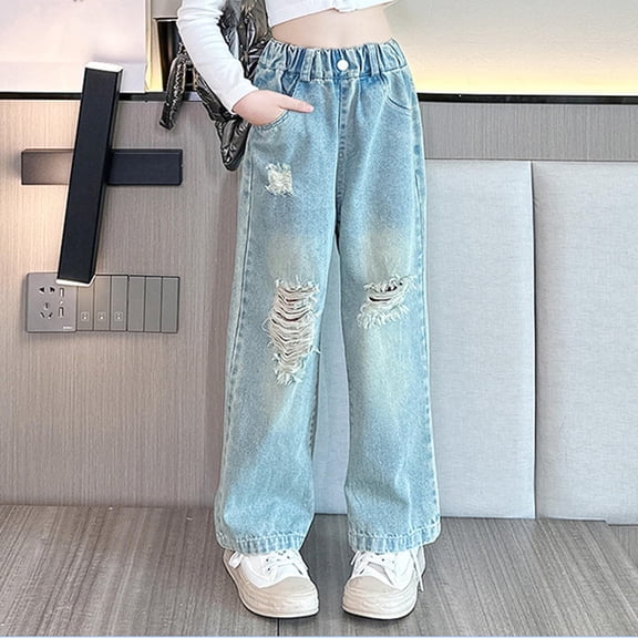 Babcutegg Girls' Distressed Solid-Color Denim Jeans Summer Lightweight Straight-Leg Wide-Leg Cotton Blend Casual Pants with Relaxed Fit and Trendy Ripped Details Light Blue Size 11-12