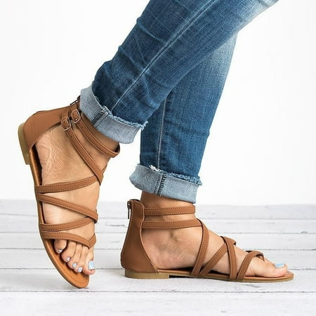 

BRISEZZS Womens Flat Sandals- Solid Thin Straps Casual Clip-Toe Cross Strap Open Toe Summer Sandals #563 Brown