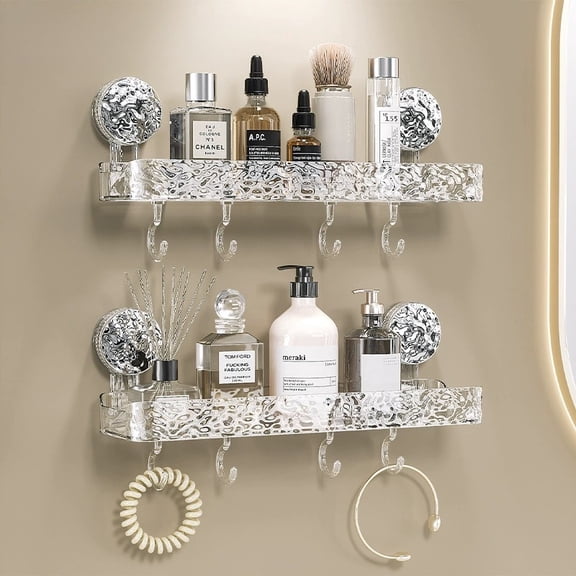 Shower Caddy Suction Cup - 2 Pack Wall Mounted Clear Shelf Basket with 4 Hooks, No Drill Bathroom Storage for Smooth Walls