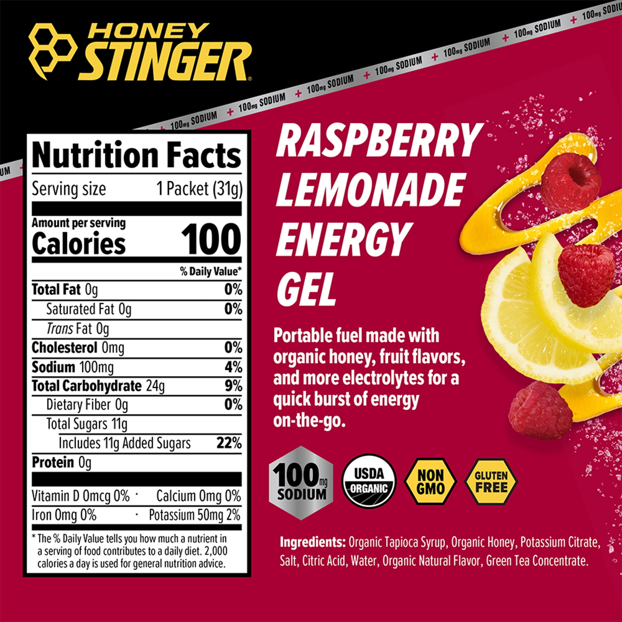 Honey Stinger Organic Electrolyte Energy Gel, Raspberry Lemonade, 12 Count